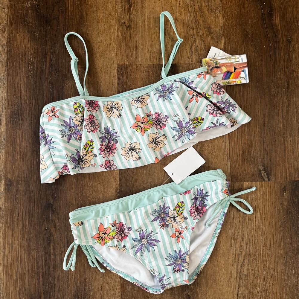Limeapple Destiny Crinkle Square Neck Floral Striped Bikini